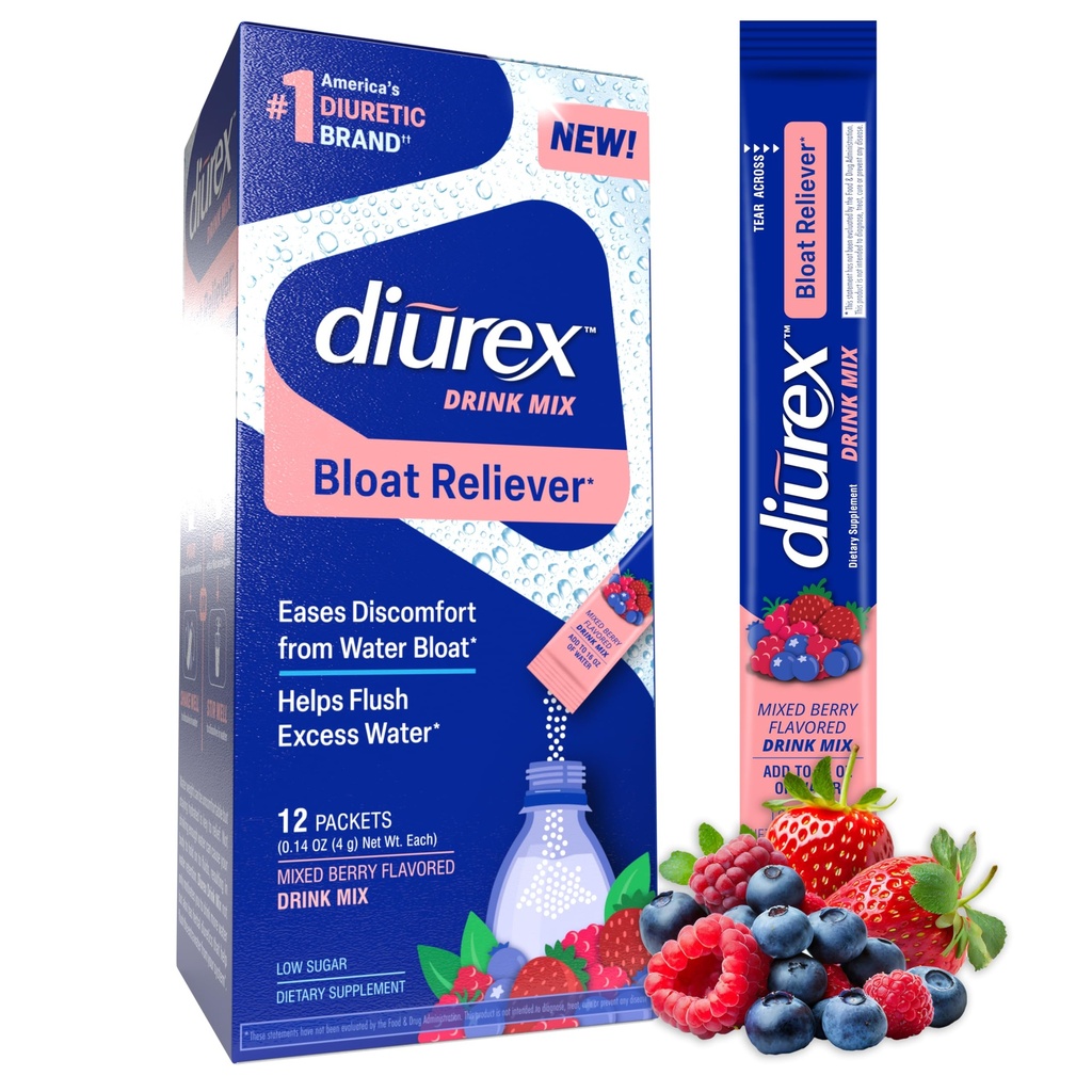 Diurex Drink Mix - Diuretic Supplement - Blandet Berry Flavor - Bloat Relief med Diurex Proprietary Bloat- Reliefing Blend - Single Serve - 12 Pack