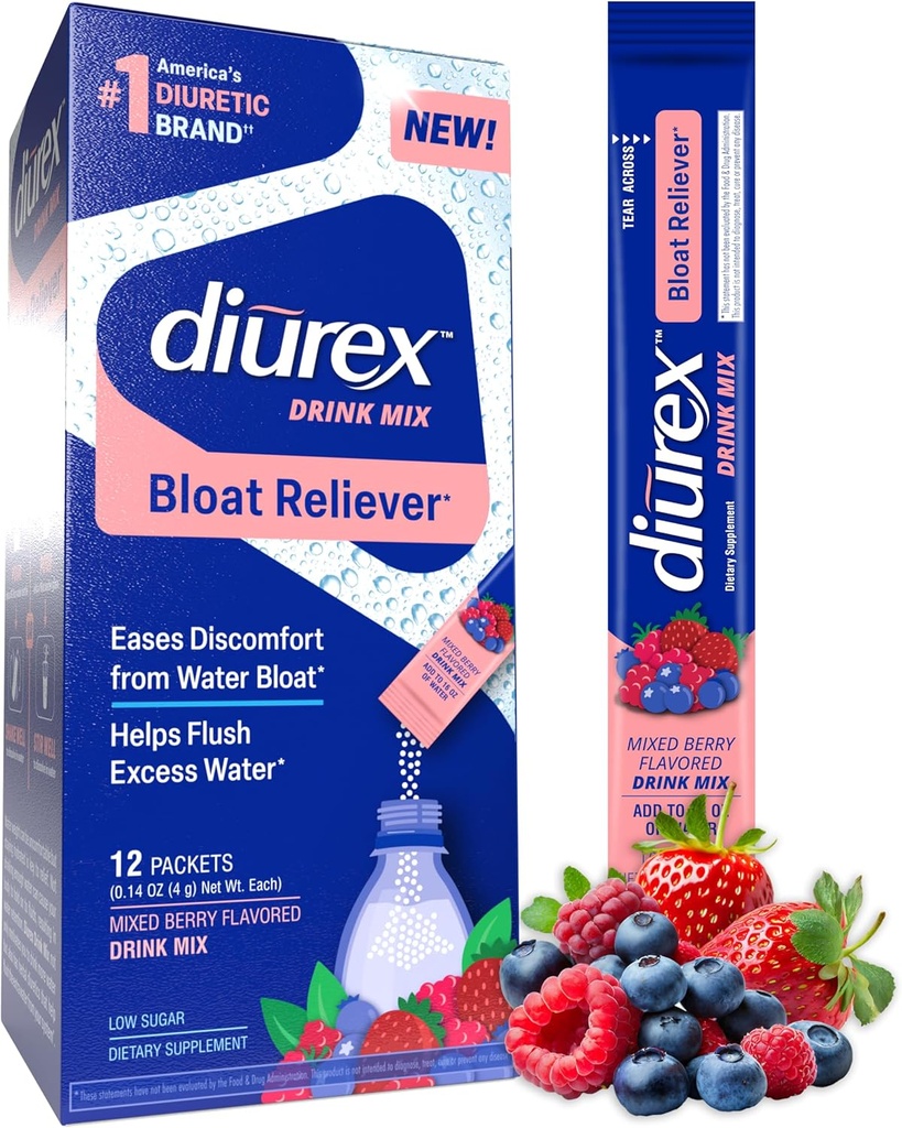 Diurex Drink Mix - Diuretic Supplement - Blandet Berry Flavor - Bloat Relief med Diurex Proprietary Bloat- Reliefing Blend - Single Serve - 12 Pack