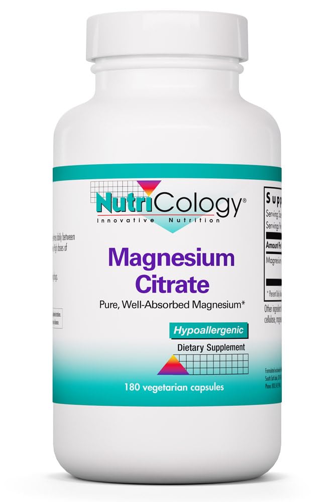 Nutricology Magnesium Citrate Kosttilskud - Bone & Stress Support, Well- Absorberet, Hypoallergen, Vegetariske Kapsler, Gluten Free - 180 Tæl