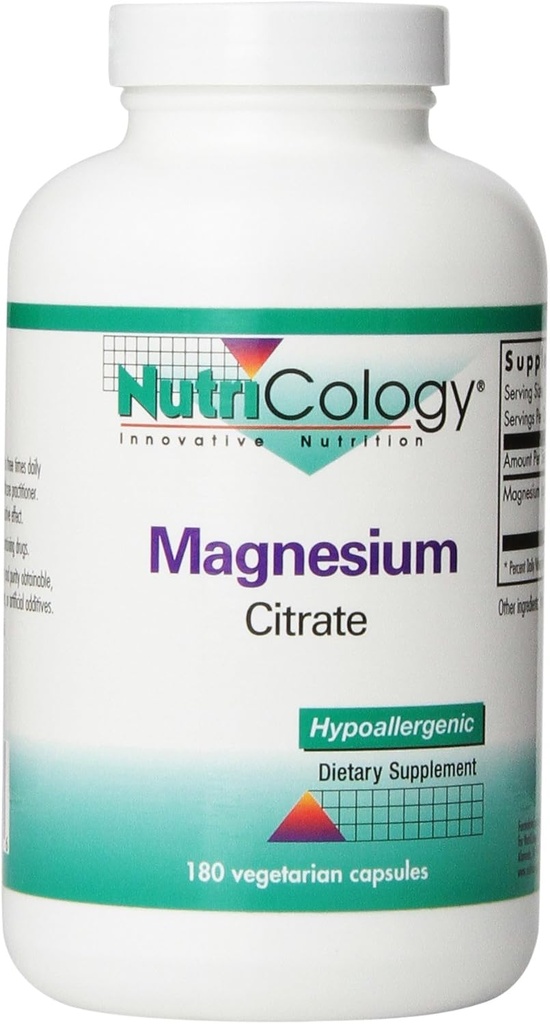 Nutricology Magnesium Citrate Kosttilskud - Bone & Stress Support, Well- Absorberet, Hypoallergen, Vegetariske Kapsler, Gluten Free - 180 Tæl