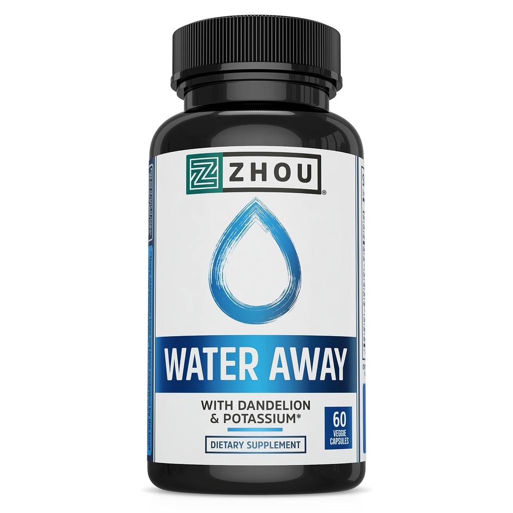 ZHOU Water Away Herbal Formel for sund fluid balance; 124; med Mælkebøtte, Kalium, grøn te & mere; 60 kapsler