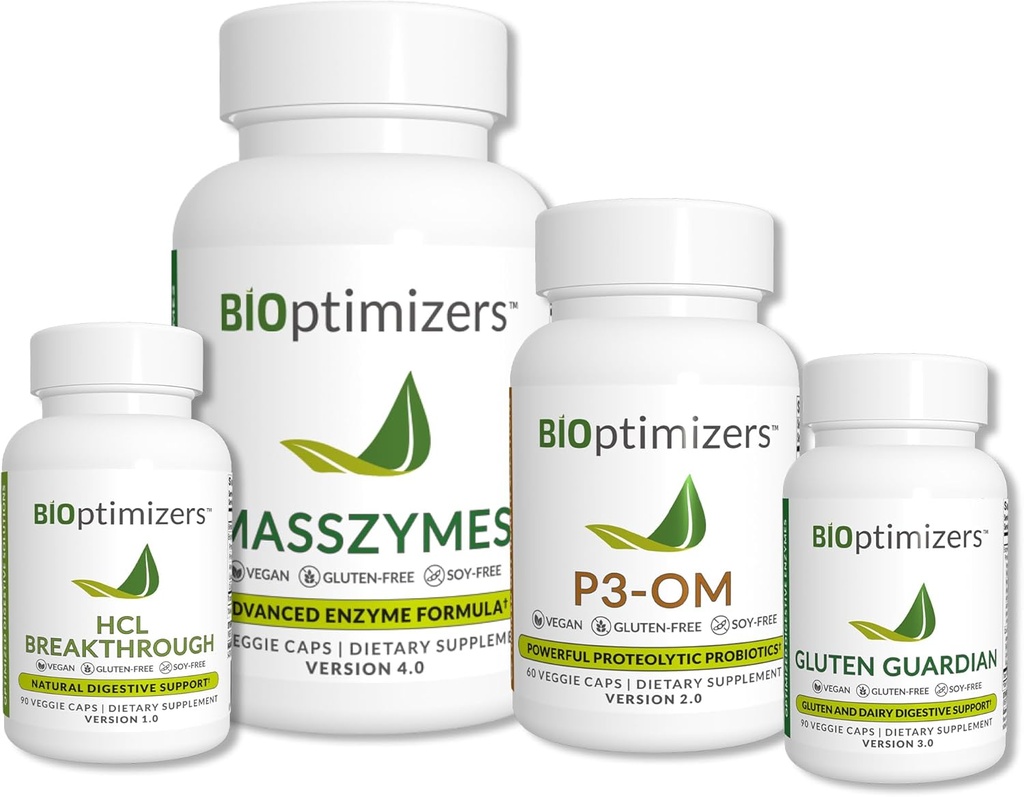 BiOptimizer - Væsentlige fordøjelsesenzymer Bundle - P3-OM - Gluten Guardian - MassZymes - HCL Breakthrough - Doctor- Formuleret - 360 Kapsler