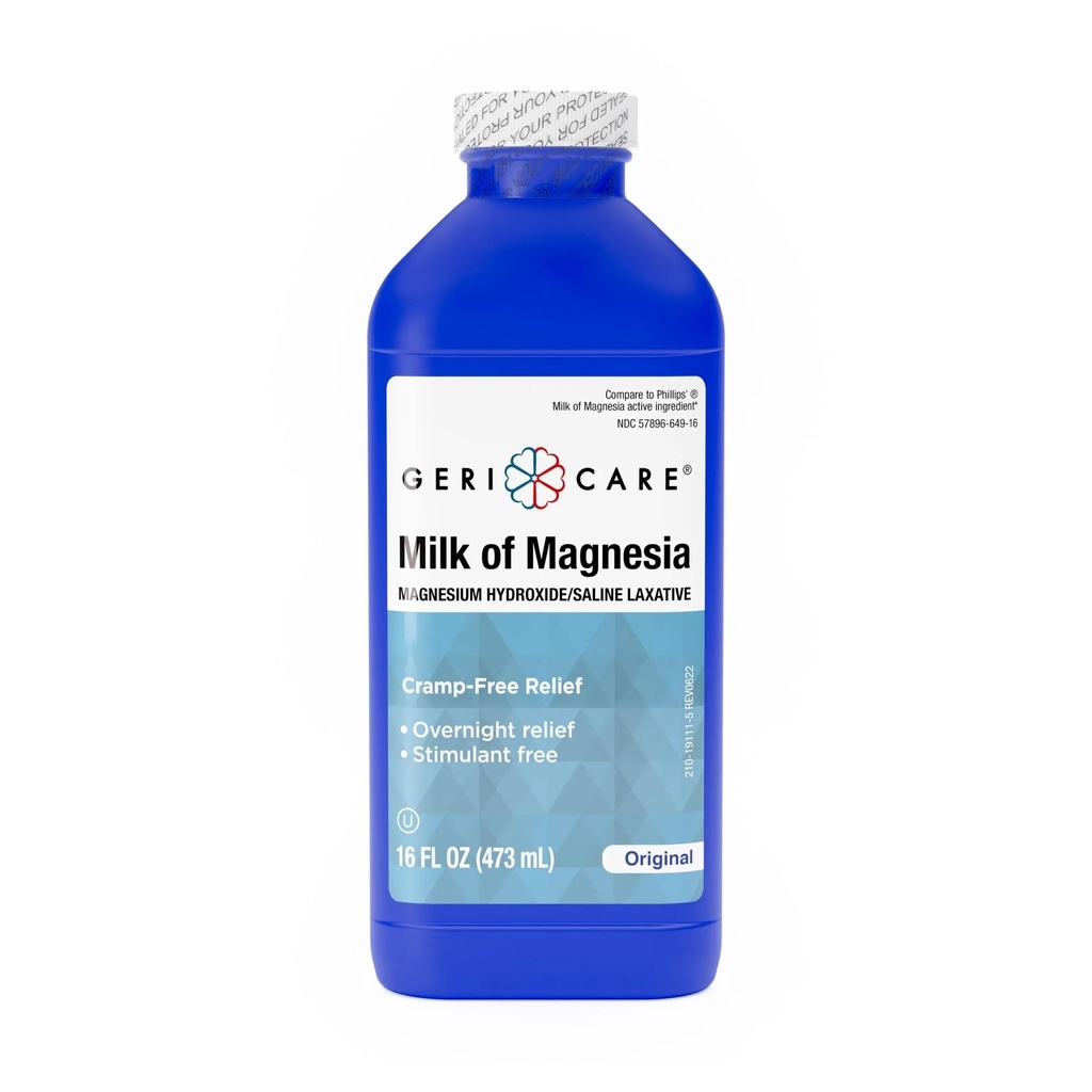 GeriCare Mælk af Magnesia, Magnesium Hydroxid 1200mg Shuttle 124; Hurtig Overnatning Forstoppelse Relief 124; Cramp- Free Saline Laxative & Afføring blødgøringsmiddel; Antacida til Heartburn & Forstoppelse • 124; Original Flavor • 124; 16 Fl Oz