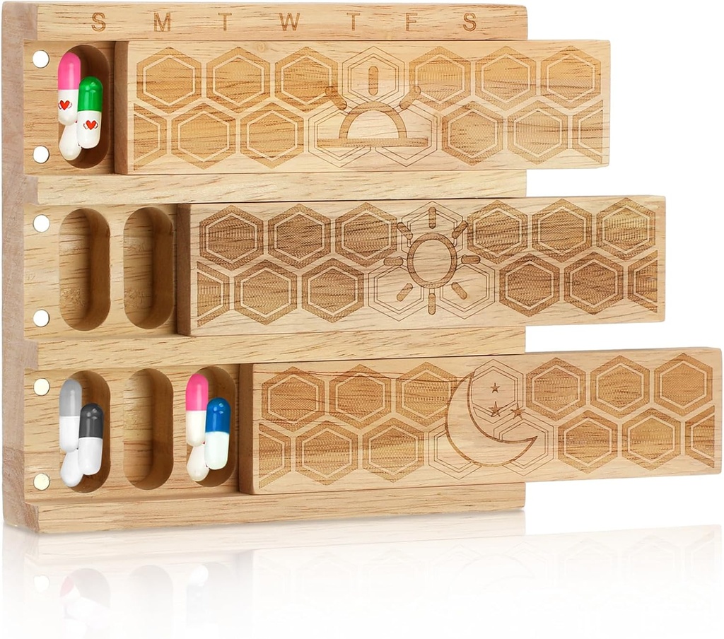 Hushee Wood Weekly Pill Organizer 3 gange om dagen 7 dag Stor medicin Box Holder Daglig medicinering sag Vitamin dispenser Pill Sorter Fish Oil Containers til ugentlige kosttilskud Udendørs rejse