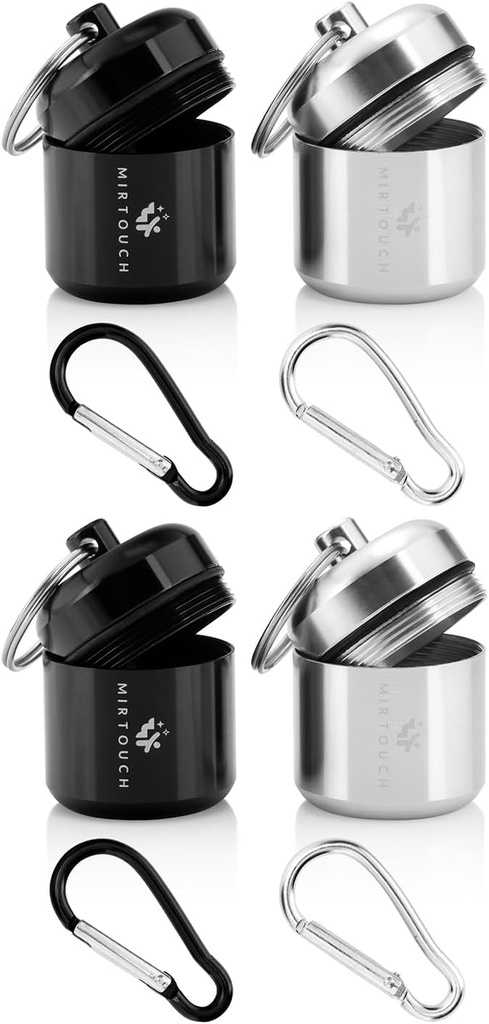 Bærbar Keychain Pill Holder sag for runde Glucose tabletter & kritisk medicin - Discreet vandtæt Key Chain Pill Container Carrier med stærke carabiners - Aluminium Alloy Pill Fob Box - 4 Pack