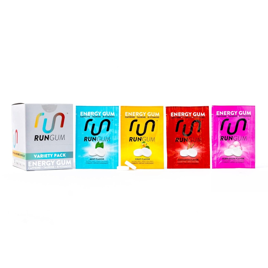 RUN GUM Variety PackEnergy Chewing Gum 50mg Koffein Taurine & B- Vitamin Per stykke, 24 stykker (pakke med 12) Sukker fri, Zero Calorie, ingen aspartam, og Gluten fri