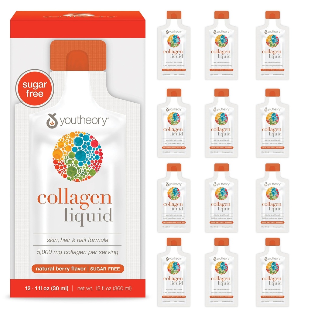 Youtory Collagen Flydende - 5.000 mg - for hårvækst, hud og negle * - Understøtter Joint, Bone & Muscle Health * - med Aminosyrer - Berry Flavor - 12 enkeltsæt Servering (12-dages levering)