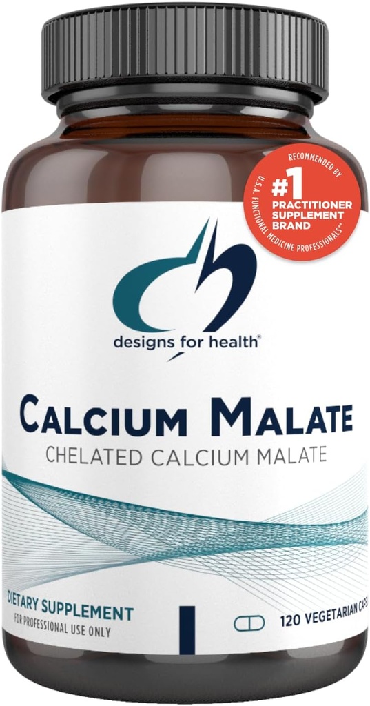 Design for sundhed Calcium Malat - 500 mg Calcium Malatchelat + D-vitamin (D3) Knogletilskud til kvinder + mænd - non-GMO (120 kapsler)