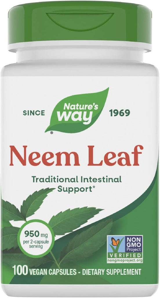 Nature 's Way Neem Leaf Capsules, Traditional Intestinal Support *, Bruges i Ayurveda, 950 mg pr. 2-Capsule Serving, Non- GMO Project Verified, Vegan, 100 Greve (Packaging May Vary)