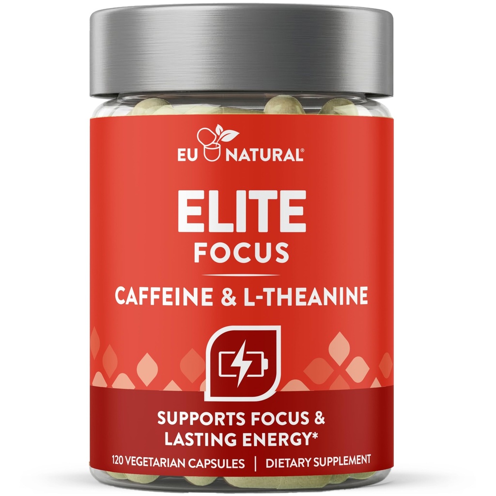 Elite Koffein piller med L- Theanin - Jitter- Gratis fokuseret energi kosttilskud - Clean & Natural Nootrop Stack for Smart Kognitiv ydeevne - 120 bløde kapsler
