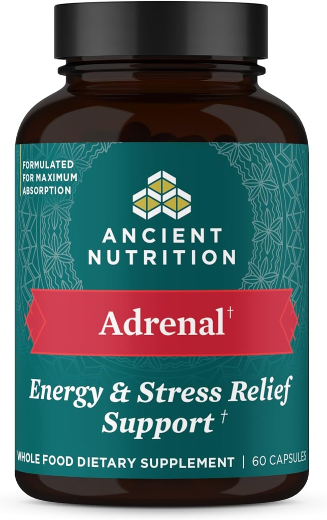 Ancient Nutrition Adrenal Support med Ashwagandha supplement, hjælper med at reducere stress & træthed, Paleo og Keto Friendly, Gluten Free, 1300mg, 60 kapsler