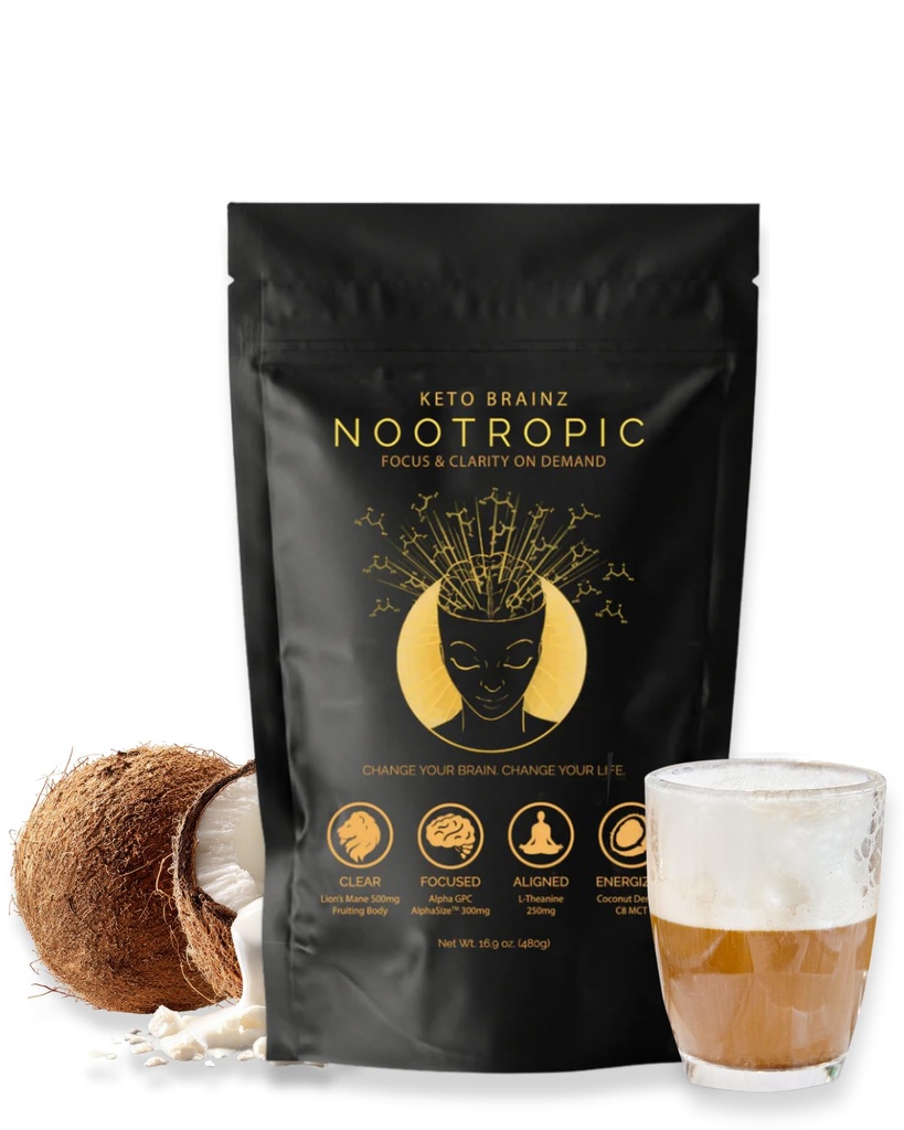 Keto Brainz C8MCT Baseret Nootrop - med 500mg Lions Mane Mushroom, AlphaGPC & L- Theanin Dette er den ultimative let at bruge nootrop stak & gør lækker champignon kaffe! 16oz. 30 Tjenester