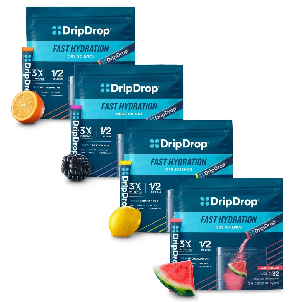 DripDrop Hydration - Electrolyte Powder Packets - Watermelon, Berry, Lemon, Orange - Værdi Variety Bundle - 128 Greve