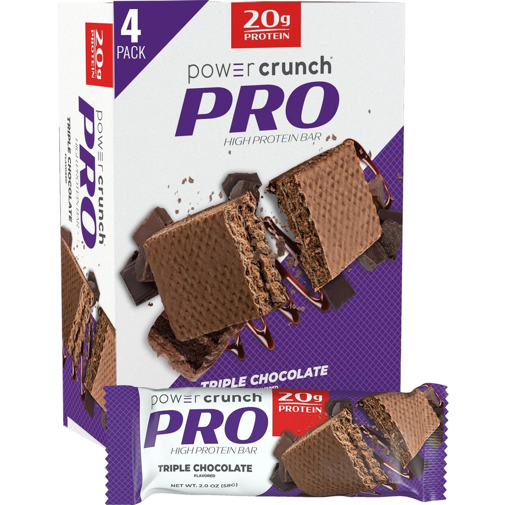 Power Crunch PRO Protein Wafer Bars, High Protein Snacks med lækker smag, tredobbelt chokolade, 2.0 Ounce (4 Greve)