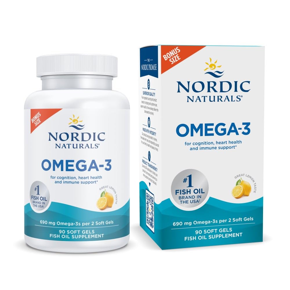 Nordiske Naturals Omega-3, Lemon Flavor - 90 Soft Gels - 690 mg Omega-3 - Fish Oil - EPA & DHA - Immunstøtte, Brain & Heart Health, Optimal Wellness - Non- GMO - 45 Serveringer