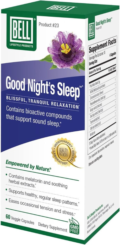 Bell Lifestyle Good Night 's Sleep - Natural Sleep Support with Melatonin and Herbal Extracts, Understøtter afslapning & Sleep Mønstre, 60 Veggie Capsules