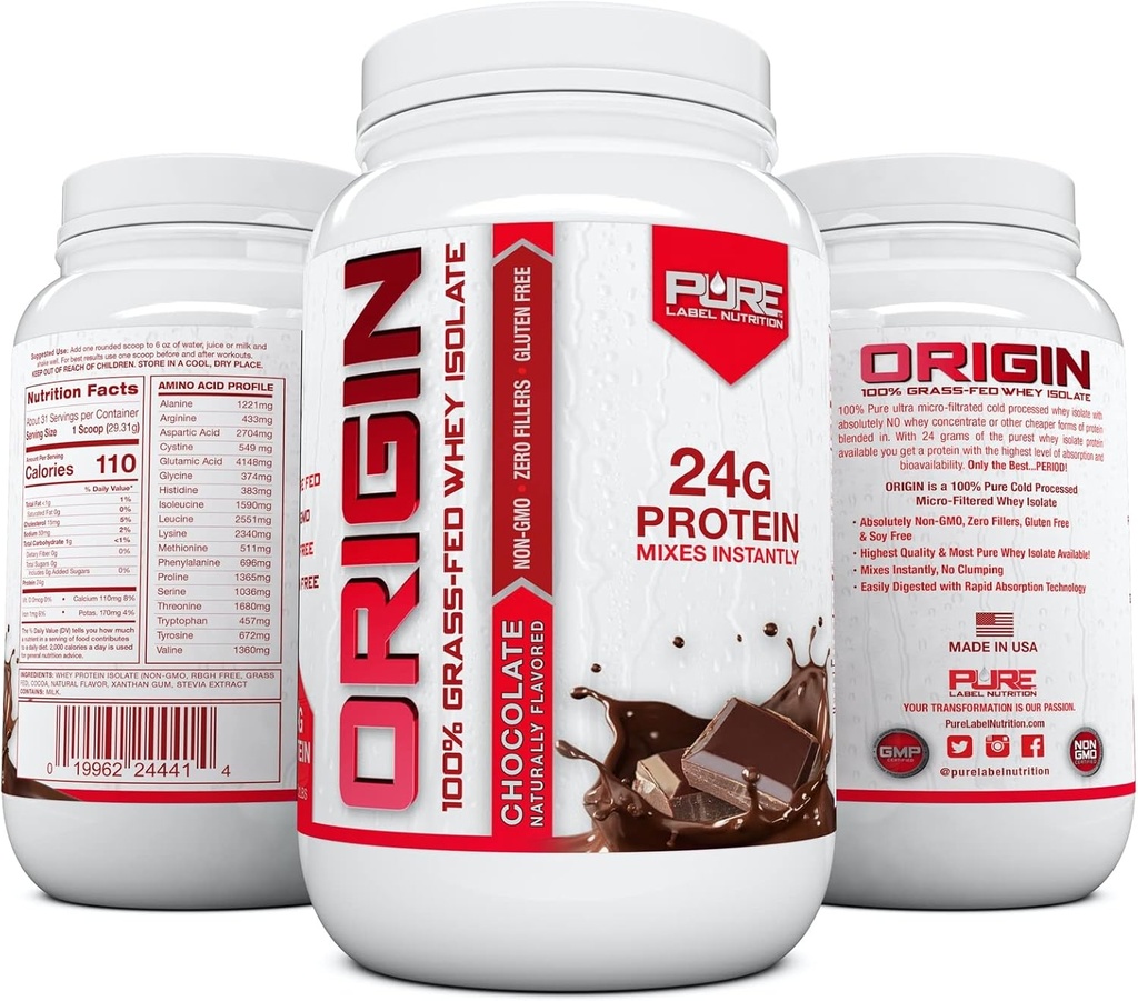 Pure Label Nutrition 100% Grass- Fed, Chocolate Whey Isolate Protein Powder (24g) med essentielle Aminosyrer, for Pre and Post Workout Recovery & Muscle Building, Lav Fedt & Lav Carbs - 2lbs