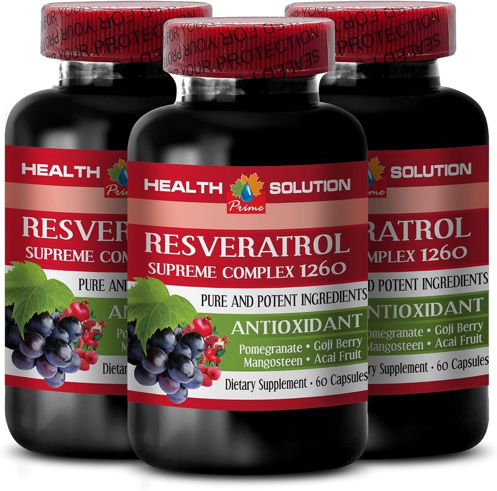 Forstærker din naturlige Stamina - RESVERATROL SUPREME COMPLEX - Resveratrol Extract med Goji Berry, Acai, Noni, Pomegranat, Mangosteen, Superfruit Blend, Antioxidant, immunforsvar, 3 Bot 180 Caps