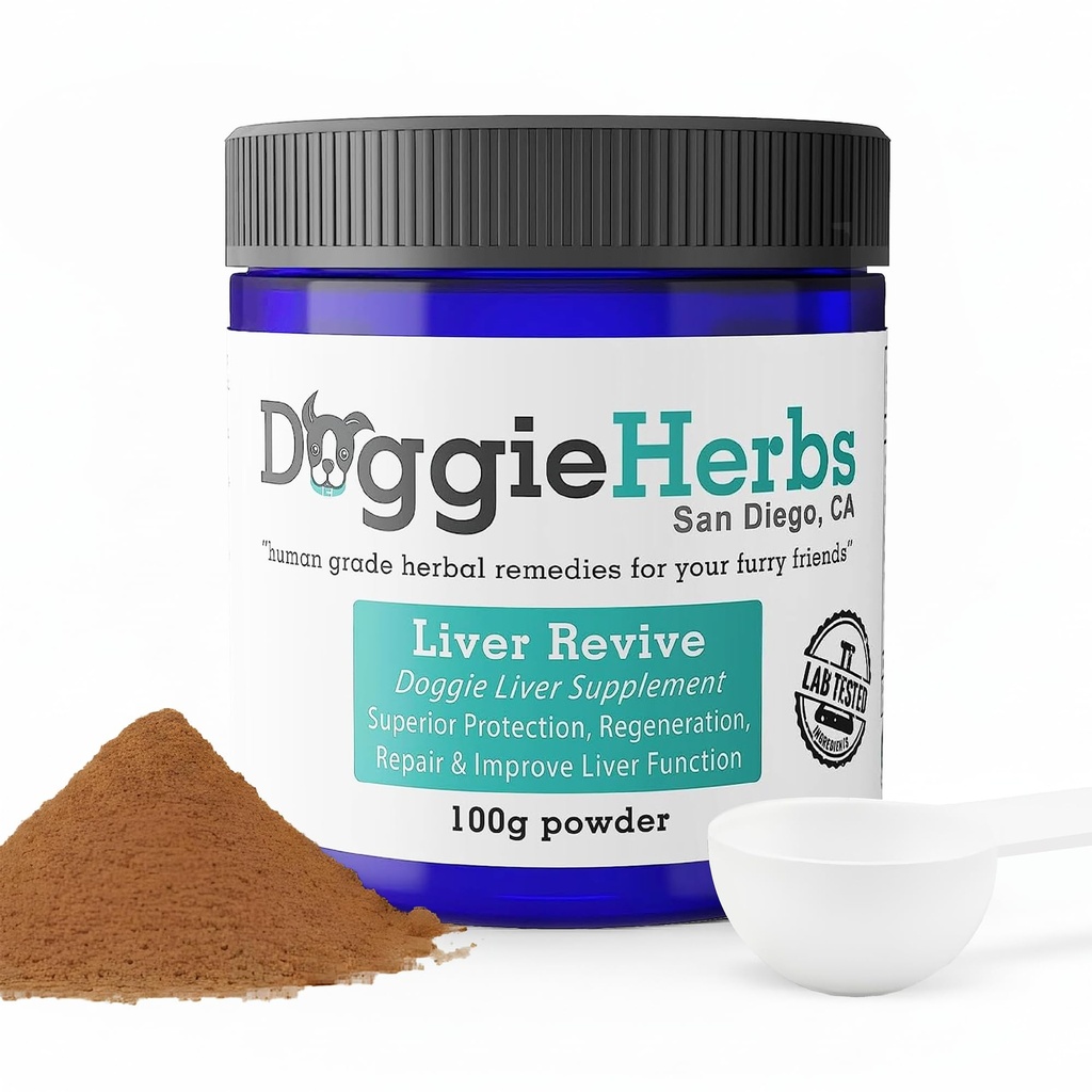 Lever Revive Hund lever sundhed supplement af Doggie urter - Human Grade Herbal Plant baseret på lever healing, beskyttelse, reparation og forbedring 100g w / Scoop