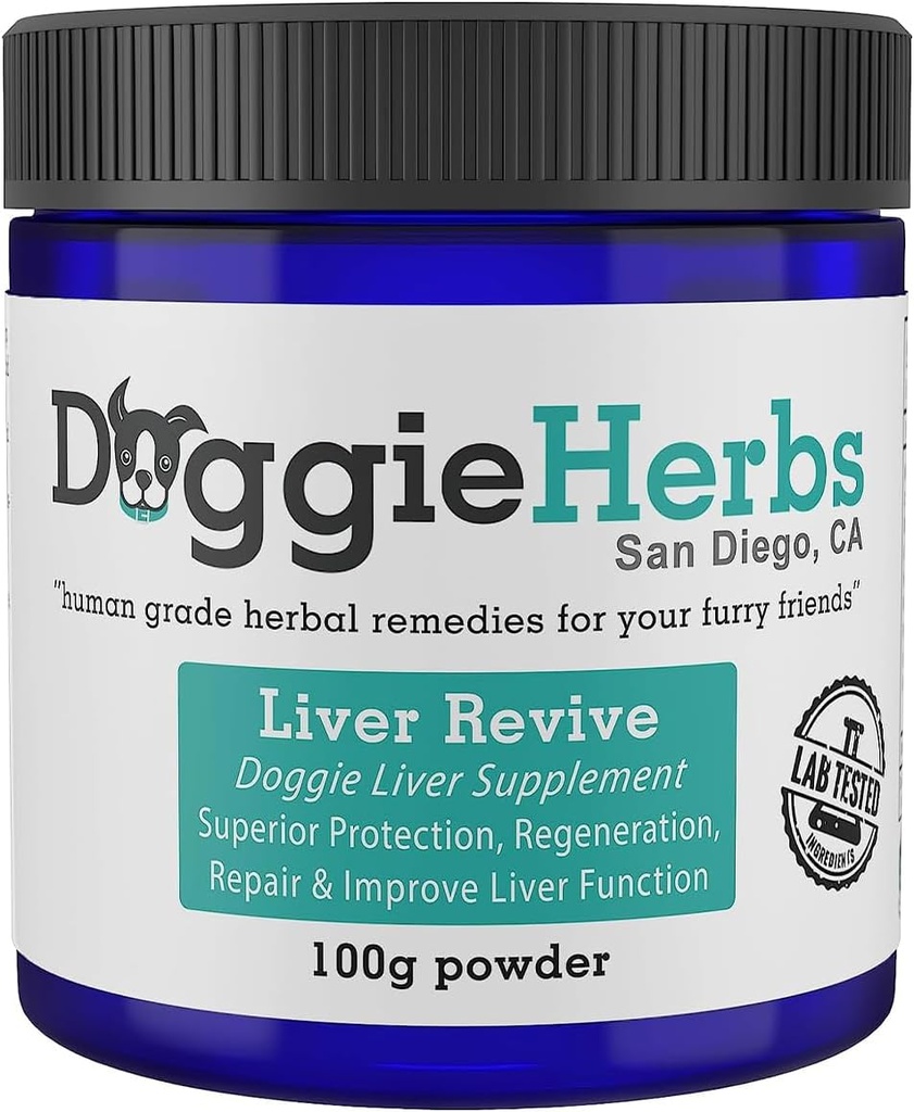 Liver Revive Dog Liver Health Supplement by Doggie Herbs - Human Grade Herbal Plant Based for Liver Healing, Protection, Repair, and Improvement 100g w/Scoop