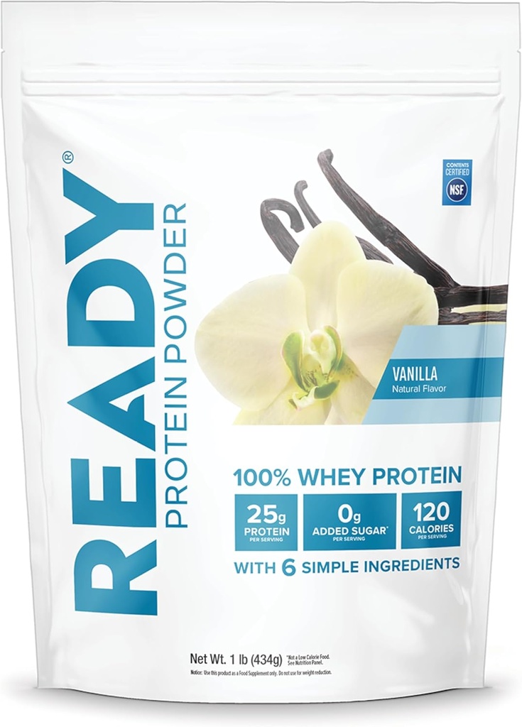 Ready ® Protein Powder - 25g Whey Protein, 120 kalorier, 0g tilsat sukker - 7 enkle ingredienser - Ingen kunstige tilsætningsstoffer - Glutenfri, Clean & Natural - Vanilla (1 Pound Bag)