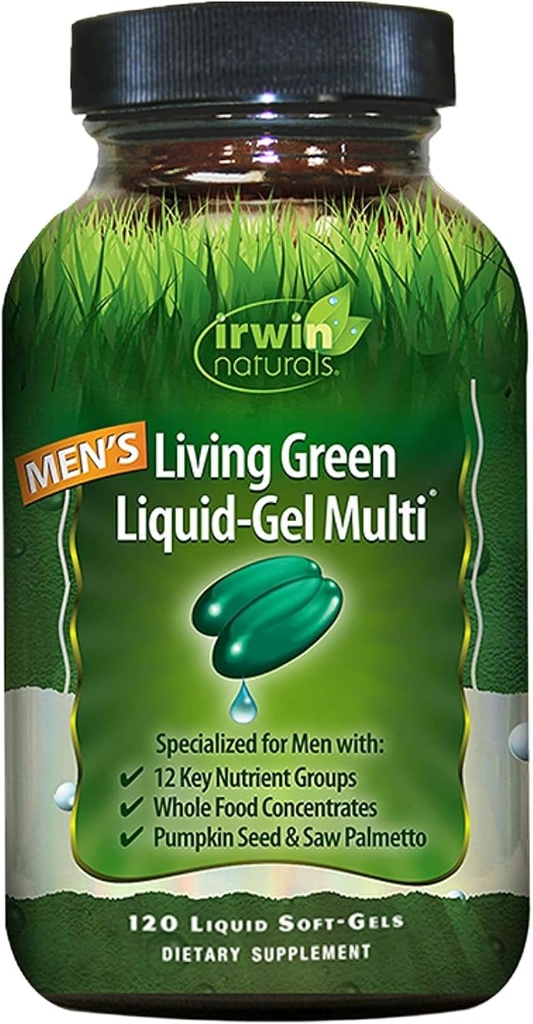 Irwin Naturals Mænds Living Green Liquid- Gel Multi - 70 Essential Nutrients, Full- Spectrum Vitaminer, Wholefood Blend - Målrettet Adrenal & Brain Support - 120 flydende bløddele