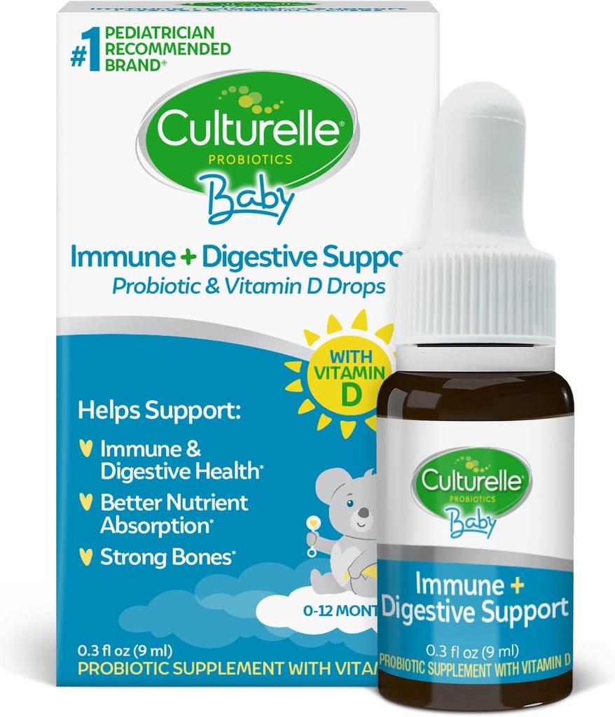 Kulturelle baby probiotiske dråber + D-vitamin, immunforsvar og fordøjelsessygdomme støtte til spædbørn, spædbørn og nyfødte 0- 12 måneder, 30 dages forsyning, gluten fri & non- GMO, 9ml