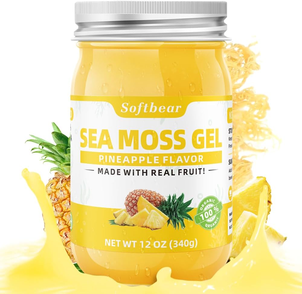 softbear Sea Moss Gel Pineapple Flavored 12 OZ - Fremstillede Irske Hav Moss Gel Organic Raw 92 Minerals and Vitaminer Non-GMO Gluten- Free Vegan Kosttilskud Immun Thyroid fordøjelsesstøtte