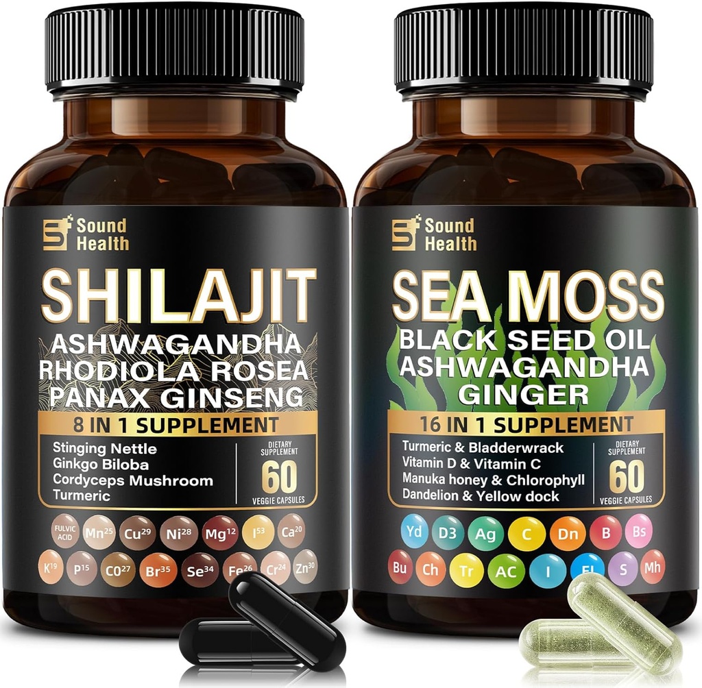 SoundHealth Irish Sea Moss & Shilajit Capsule Bundle til mænd og kvinder, Third- Party Testet, Non- GMO, Easy- Swallow & Vegan 120 Kapsler