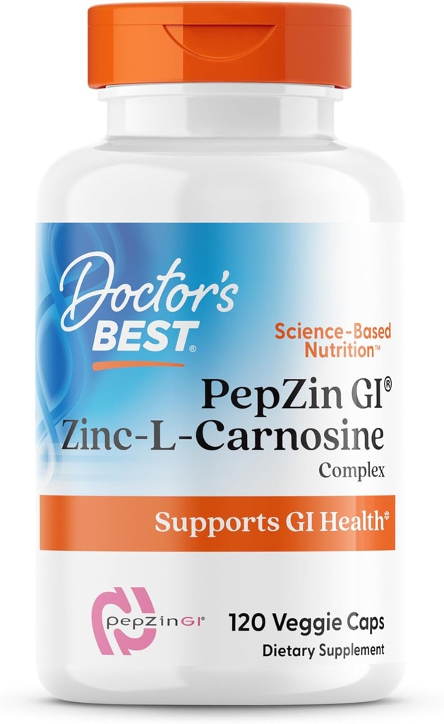 Doctor 's Best PepZin GI, Zinc- L- Carnosine Complex, Non- GMO, Vegan, Gluten Free, Soy Free, fordøjelsesstøtte, 120 Veggie Caps