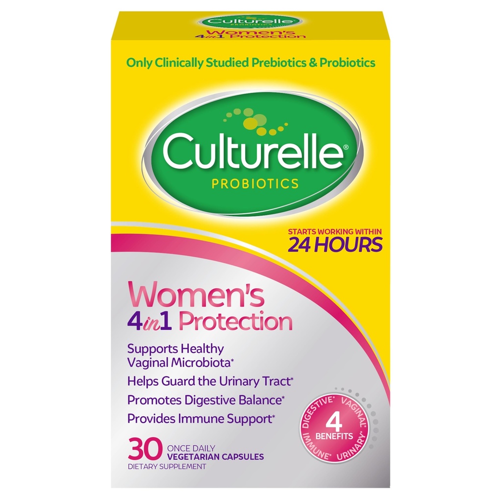 Culturelle 4- in-1 Probiotika for kvinder, Daglig Probiotisk & Prebiotisk supplement til støtte Vaginal sundhed, fordøjelsessygdomme, immunsundhed, lejlighedsvis Diarré, Gas & Bloating Relief, Non- GMO, 30 Greve