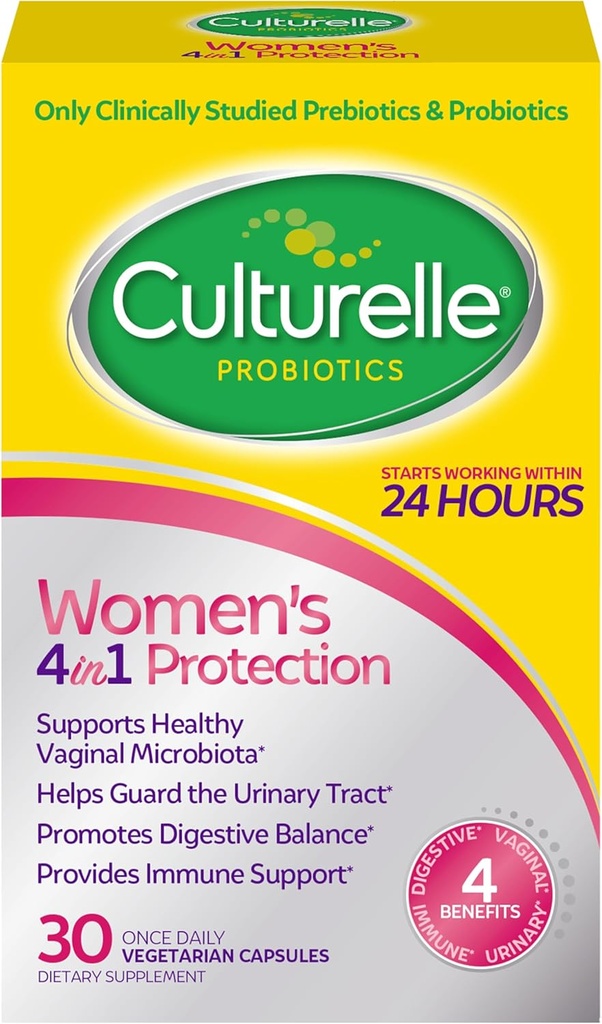 Culturelle 4- in-1 Probiotika for kvinder, Daglig Probiotisk & Prebiotisk supplement til støtte Vaginal sundhed, fordøjelsessygdomme, immunsundhed, lejlighedsvis Diarré, Gas & Bloating Relief, Non- GMO, 30 Greve