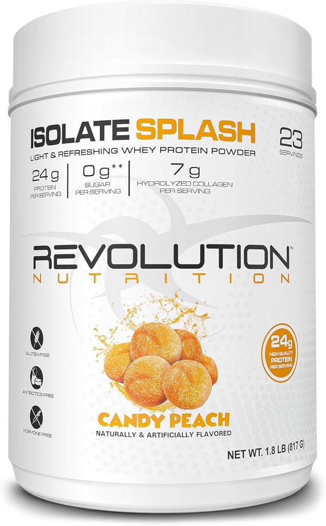 Revolution Nutrition, Isolate Splash, Clear Whey Protein Powder, Juice- Type Protein, Candy Flavour, Collagen, 24g protein Per Scoop, Zero Sugar, 817g, 23 Serveringer (Candy Peach, 1.8 Pound)