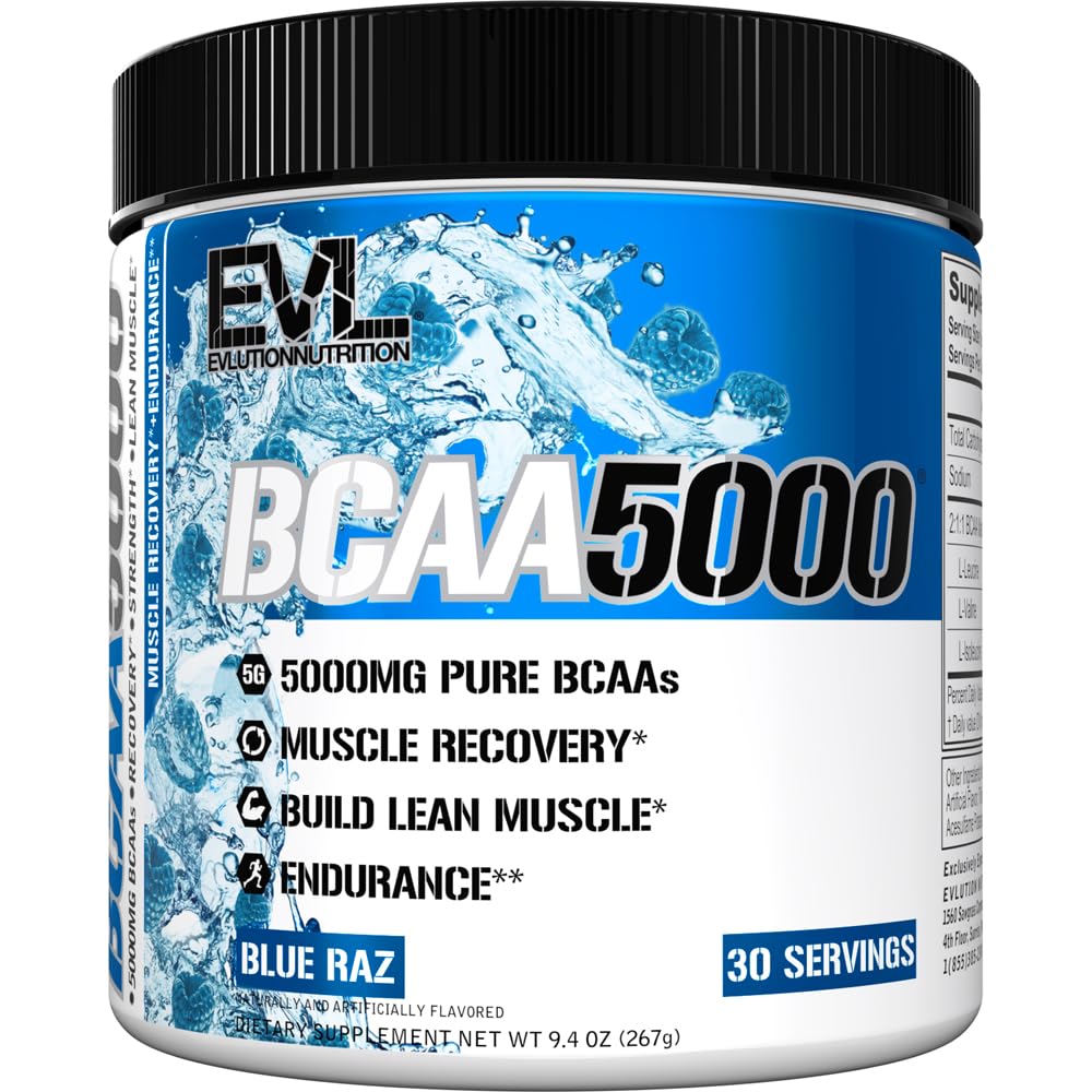 Evolution EVL BCAAs Aminosyrer Pulver - BCAA Powder Post Workout Recovery Drink and Stim Free Pre Workout Energy - 5g forgrenet kæde Aminosyrer supplement til mænd - Blue Raz