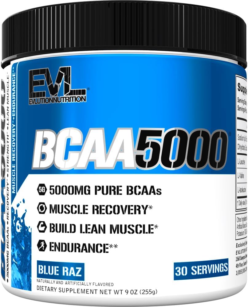 Evolution EVL BCAAs Aminosyrer Pulver - BCAA Powder Post Workout Recovery Drink and Stim Free Pre Workout Energy - 5g forgrenet kæde Aminosyrer supplement til mænd - Blue Raz