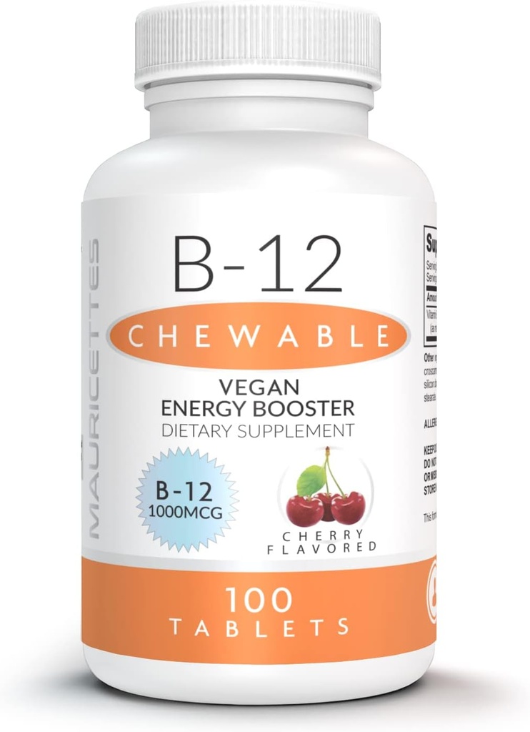 Mauricettes Natural Vitamin B-12 Methylcobalamin 1000mcg - 100 tyggetabletter - Sublingual B 12 Supplement til energistøtte - Gelatine fri