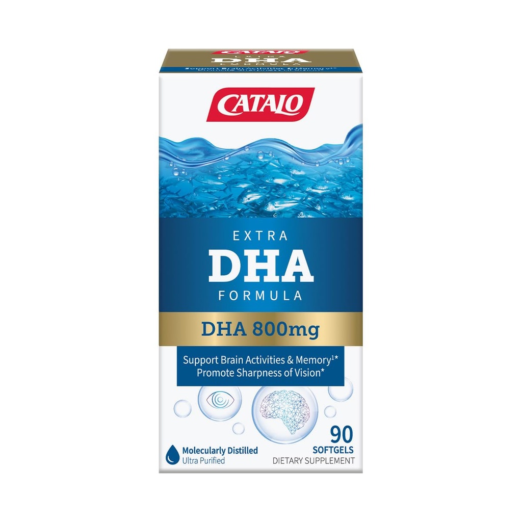 CATALO Extra DHA Formel, 800mg DHA per servering, Ocean Fish Oil Softgels med Natural Lemon Flavor, Advanced Molecular Distillation, Easy- to- Swallow, Ingen kunstige farver og konserveringsmidler - 90 Softgels