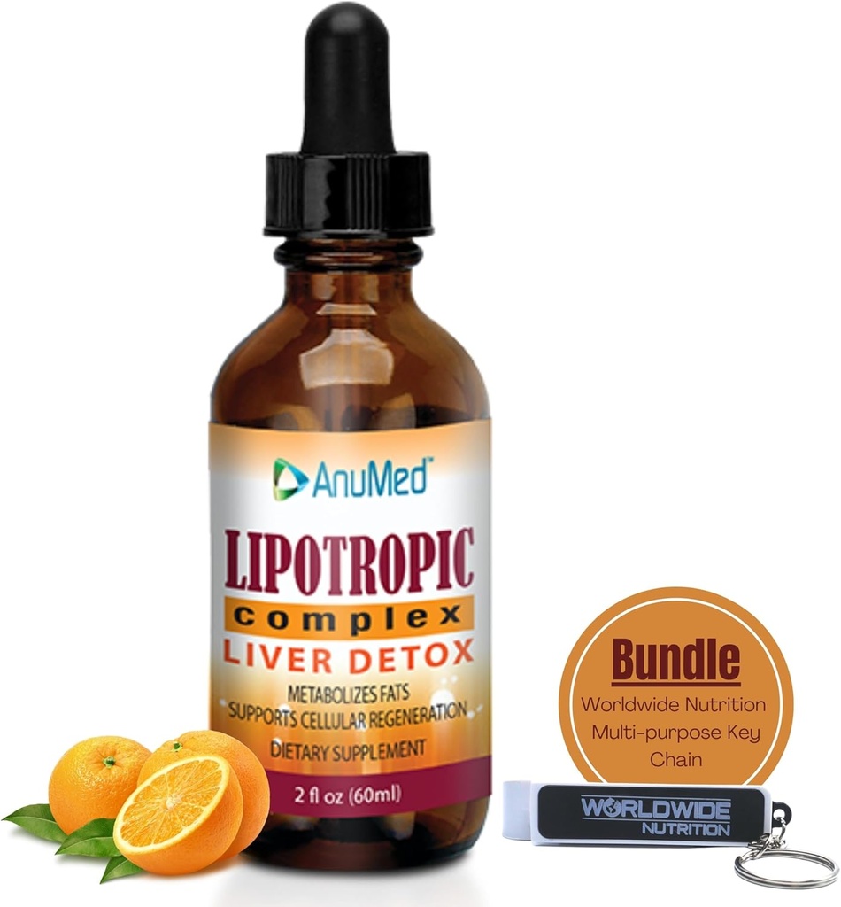 Worldwide Nutrition Bundle: Anomum Lipotropic Complex - Folinsyre, B12 Vitamin B6 - Ikke GMO, Gluten Free, Easy- to- Use 2oz Lipotropic Drops med Multi- Formål Key Chain