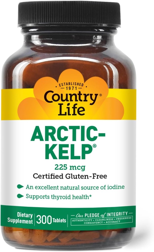 Country Life Arctic- Kelp - Natural jod supplement til skjoldbruskkirtel og immunforsvar - Vegan, Gluten- Free, 225 mcg - Ideel til skjoldbruskkirtel sundhed, Hypothyroidisme og binyrebarkstøtte, 300 tabletter