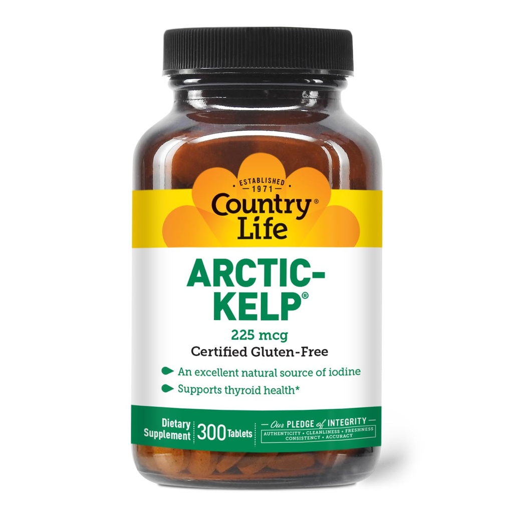 Country Life Arctic- Kelp - Natural jod supplement til skjoldbruskkirtel og immunforsvar - Vegan, Gluten- Free, 225 mcg - Ideel til skjoldbruskkirtel sundhed, Hypothyroidisme og binyrebarkstøtte, 300 tabletter