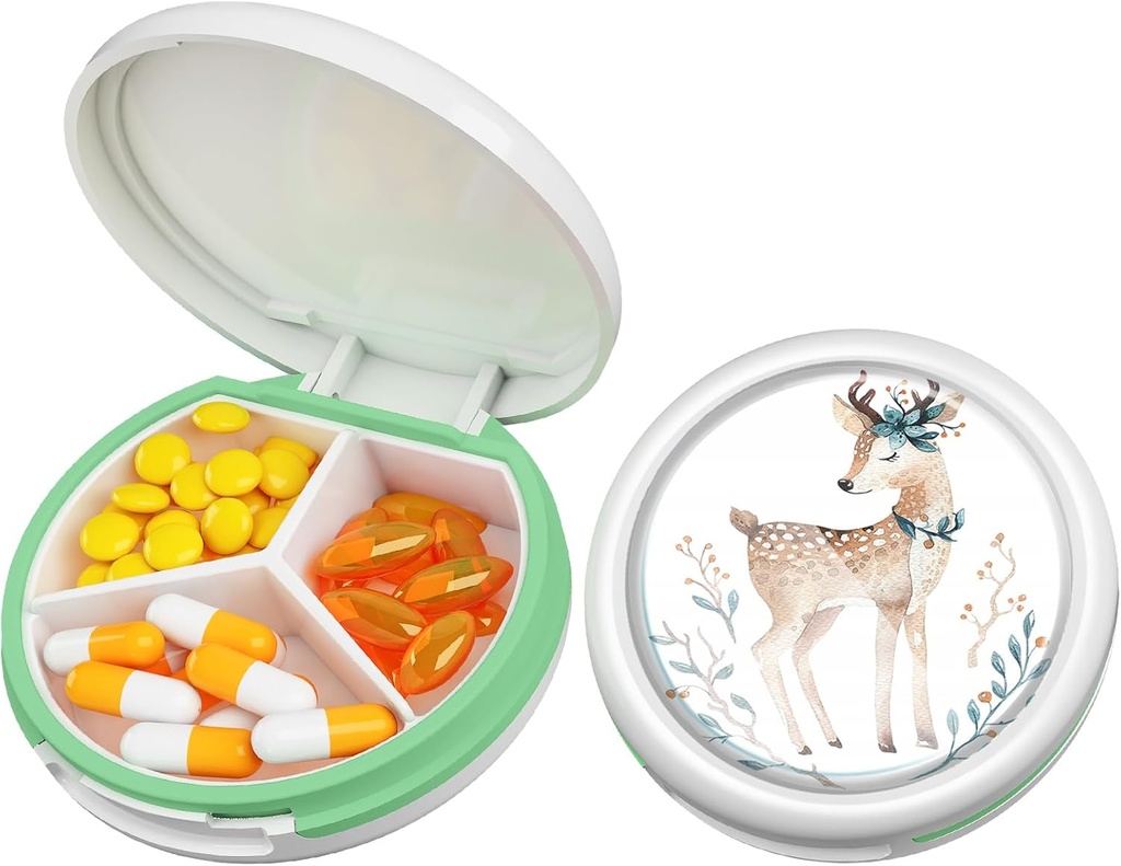 Serfeymi Small Pill Box - 3 afdelinger Bærbar Pill Box til purse Pocket, Compact Mini Travel Pill Case - Egnet til medicin, Vitamin, Fish Oil, Kosttilskud - Hvid (Hjorte)