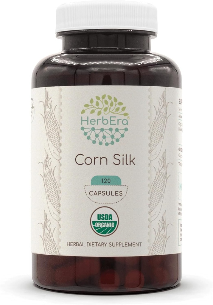 HerbEra Corn Silk USDA Organic 120 Capsules Depoter 124; Natural Herbal Support 124; Certified Organic Vegetary Capsules and Organic Corn Silk (Zea Mays) Tørret Silk (120 Capsules)