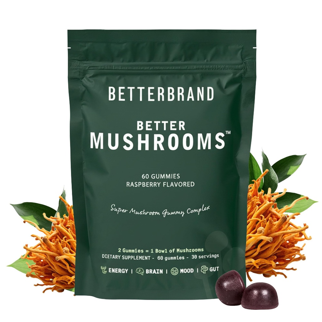 Betterbrand BetterMushrooms Nootrop Gummies - Understøtter bedre Gut Sundhed, Kognitiv funktion, Mental Klarhed med 10 Funktionelle Mushrooms - 60 Gummies - Raspberry Flavor - Pack of 1