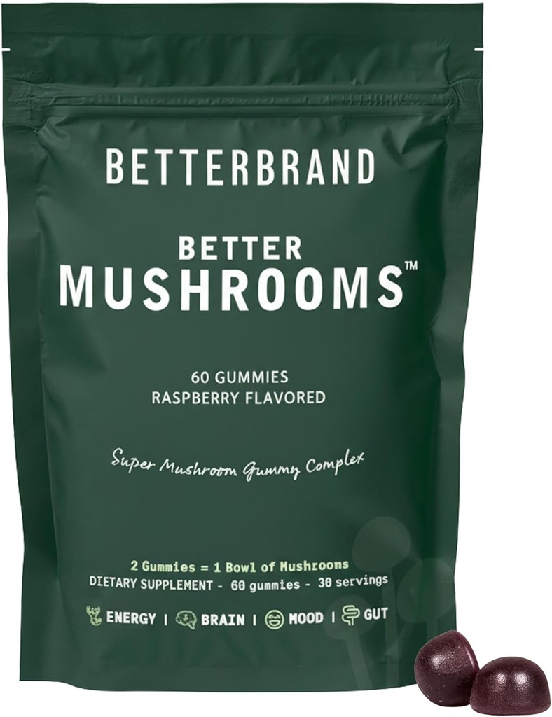 Betterbrand BetterMushrooms Nootrop Gummies - Understøtter bedre Gut Sundhed, Kognitiv funktion, Mental Klarhed med 10 Funktionelle Mushrooms - 60 Gummies - Raspberry Flavor - Pack of 1