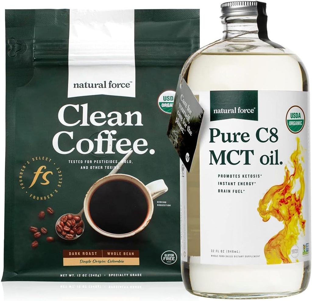 Natural Force Dark Roast Clean Coffee + Organic Pure C8 MCT Oil Bundle – 100% C8 MCTs & Mold & Mycotoxin Free Coffee – Non-GMO, Keto, Paleo, and Vegan - 12 Oz and 32 Oz