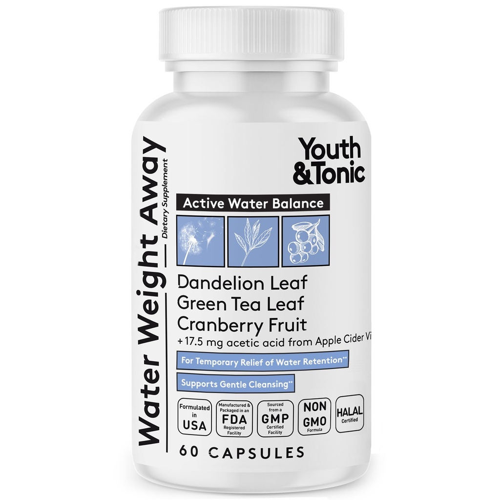 Youth & Tonic Natural Water Weight Away - Urte Diuretic Pills for Bloating, Water Retention & Hævelse Support til kvinder & mænd - 60 Caps med Mælkebøtte, Kalium, Green Tea & Apple Cider Vincils