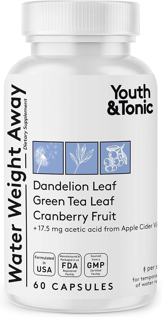 Youth & Tonic Natural Water Weight Away - Urte Diuretic Pills for Bloating, Water Retention & Hævelse Support til kvinder & mænd - 60 Caps med Mælkebøtte, Kalium, Green Tea & Apple Cider Vincils