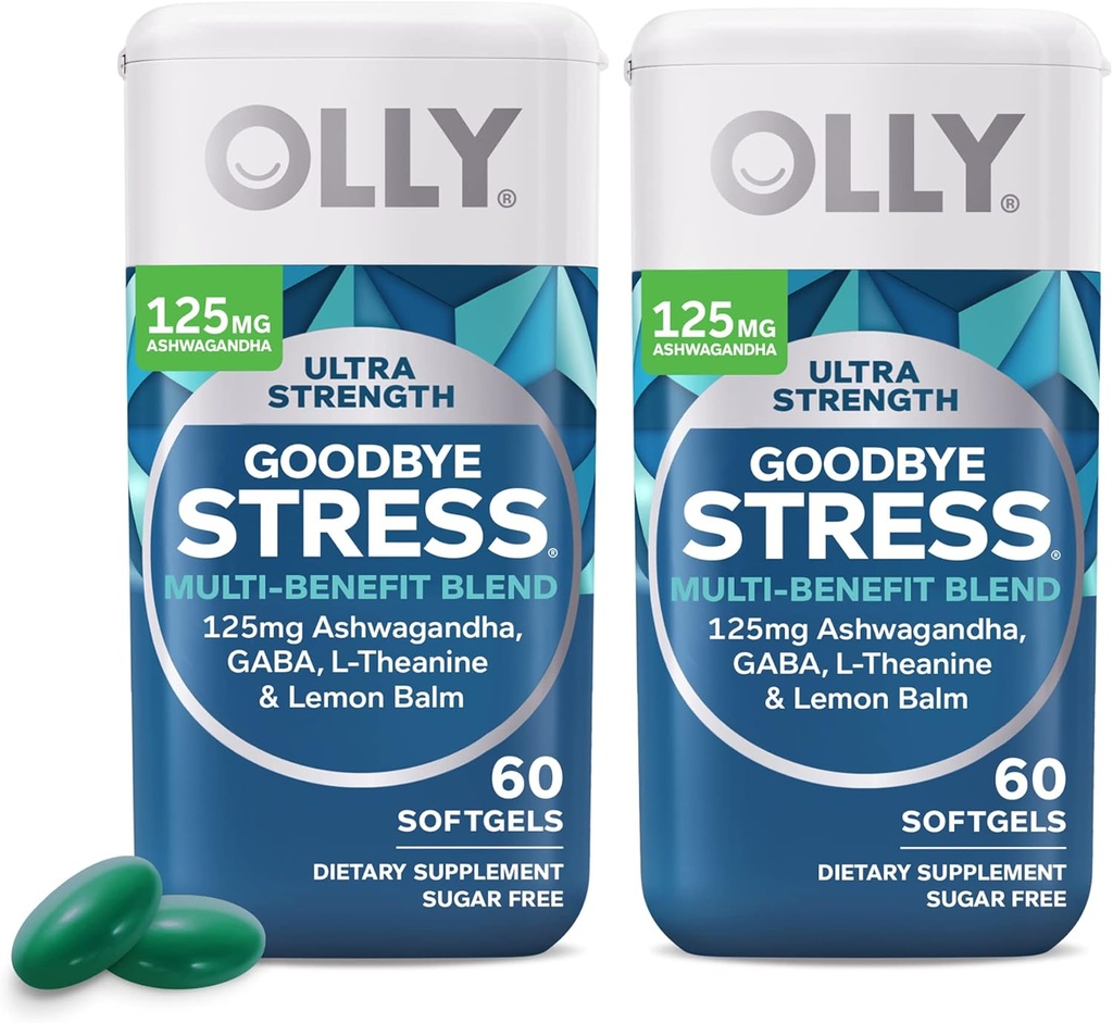 OLLY Ultra Styrke Farvel Stress Softgel Twin Pack, GABA, Ashwagandha, L- Theanine og Lemon Balm, Stress Relief Supplement - 120 Tæl