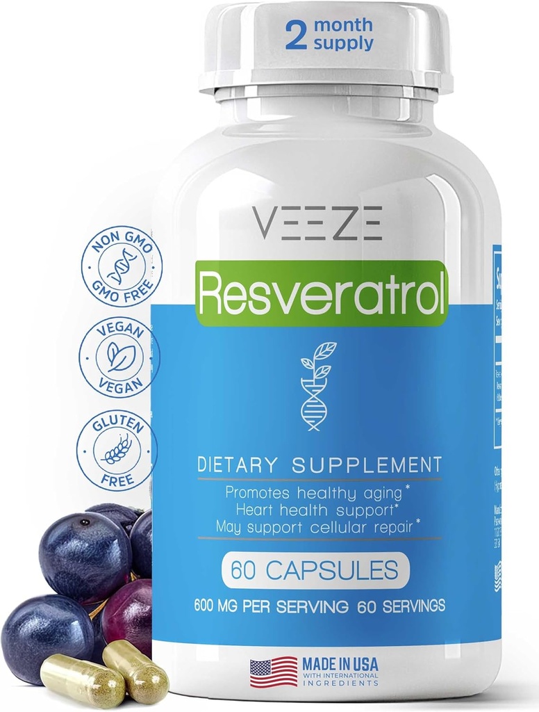 VeeZE Resveratrol Supplement 600mg 60 Kapsler & 60 Servering - Lavet i USA Natural & Organic Resveratrol - Rich in Antioxidants & Trans Resveratrol for Well- Being Support - Premium Organic Resveratrol