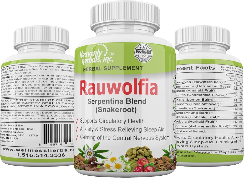 Rauwolfia Serpentina Blend (Snakeroot), 1000mg per Serving - Organic Herbal Supplement - Ayurvedic Herb & Natural Remedy -Understøtter cirkulære sundhed, cardiovaskulær sundhed Aid- 60 Ct.